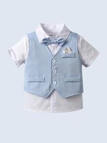 BOARNSEORL 3 件套年轻男孩绅士服装 - 短袖衬衫配领结、蓝色短裤和背心，优雅时尚，适合生日派对、婚礼、周年纪念、洗礼 - 淺藍色 - 查看 4