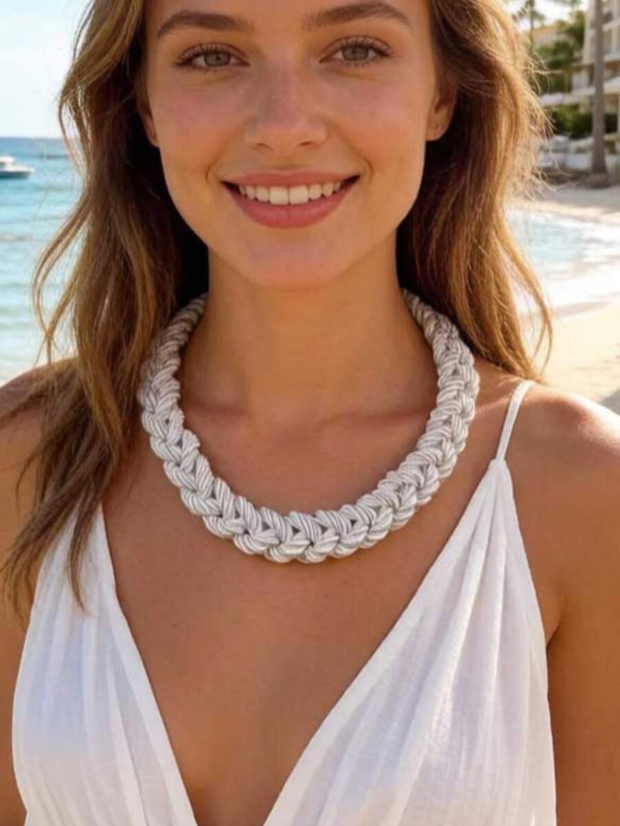 imoli 1件时尚夸张夏季手工麻绳涤纶加厚项链，适合女性日常佩戴、节日聚会、度假珠宝礼品