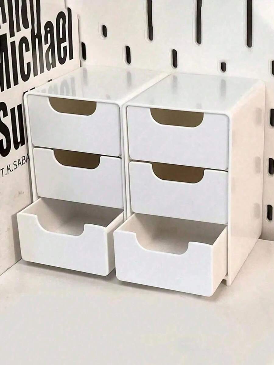 3-Tier White Plastic Desktop Storage Box, Classic Stackable Drawers, Mini Desktop Makeup Organizer Box, Makeup And Jewelry Storage Box, Desktop Display Box With Drawers, Suitable For Office Supplies, Jewelry, Cosmetics - Space-Saving Desktop Accessory, Also Suitable For Dorm And Home Desktop Drawer Storage