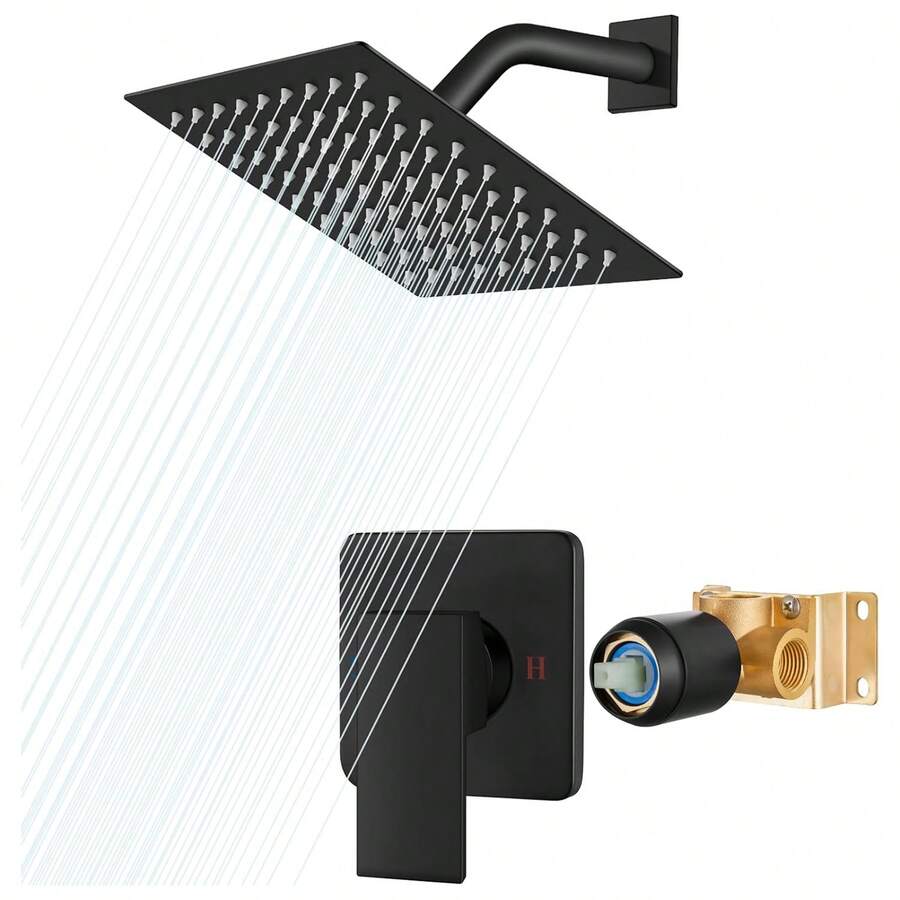 8 Inch Shower Head And Handle Set Square Shower Faucet Set Bathroom Rainfall Shower System Stainless Steel Showerhead Single Function Shower Trim Kit, Female Thread Valve, Matte Black - Black a - View 1