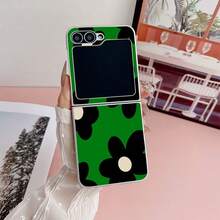 Green Background Black Flower Folding Phone Case With Chain, Suitable For Samsung Galaxy Z Flip3 5G/Galaxy Z Flip 4 5G/Galaxy Z Flip 5 5G/Galaxy Z Flip 6 5G/Galaxy Z Flip 7 5G, Cartoon Cute Folding Protective Case - Multicolor - View 7
