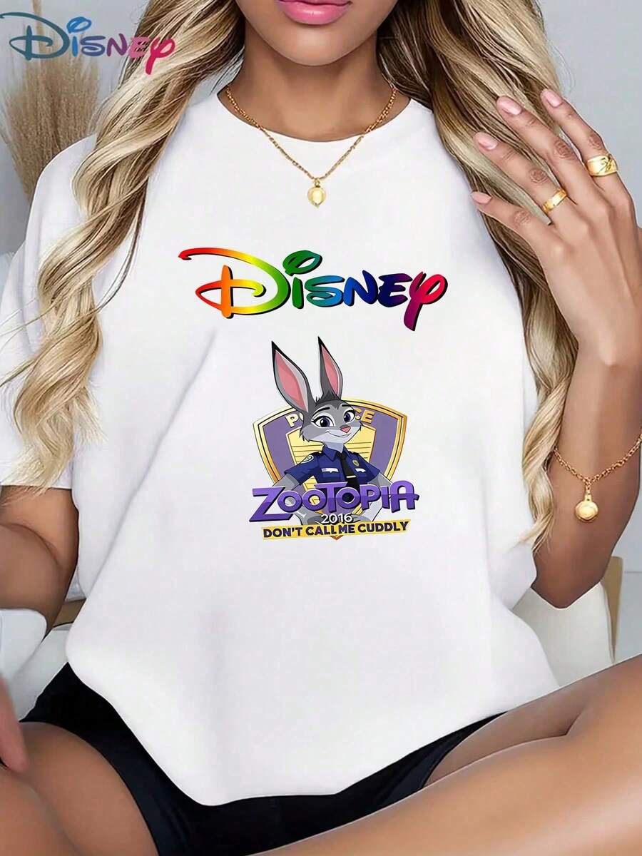 Disney Official Authorization, Women's Disney  Judy Hopps Graphic White T-Shirt, Short Sleeve Round Neck Casual Cotton Top For Everyday Wear, Breathable And Light, Suitable For Sports And Leisure Wear, Suitable For Gifts, Suitable For Parties. - trắng - Xem 1