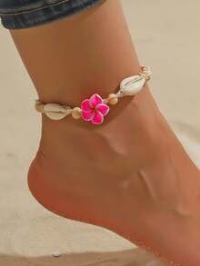 1 pieza Nuevo tobillera estilo bohemio para playa, accesorio de tobillera hecho a mano con decoración de flor y concha de arcilla polimérica - Rosa - Ver 2