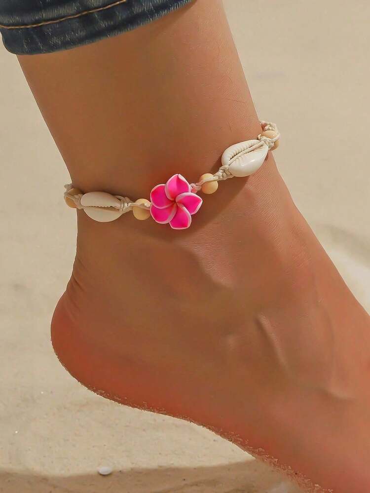 1pc New Bohemian Beach Anklet, Handmade Polymer Clay Flower & Shell Decor Anklet Accessory - Pink - View 2