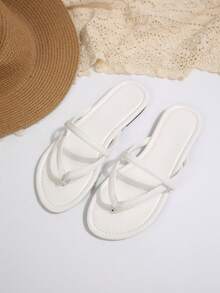 Women's Flip Flops, Casual Street Style Flat Sandals, Solid Color Outdoor Slip-On Beach Slippers, Spring/Summer New Arrival Thong Sandals, Round Toe Flat Slippers, Beach Lace-Up Sandals For Home & Beach - White - View 1