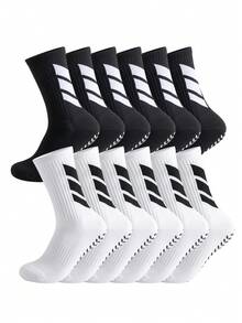 1双/4双/6双装 男士防滑点状透气条纹中筒袜，适合足球、训练 - 黑與白 - 查看 16