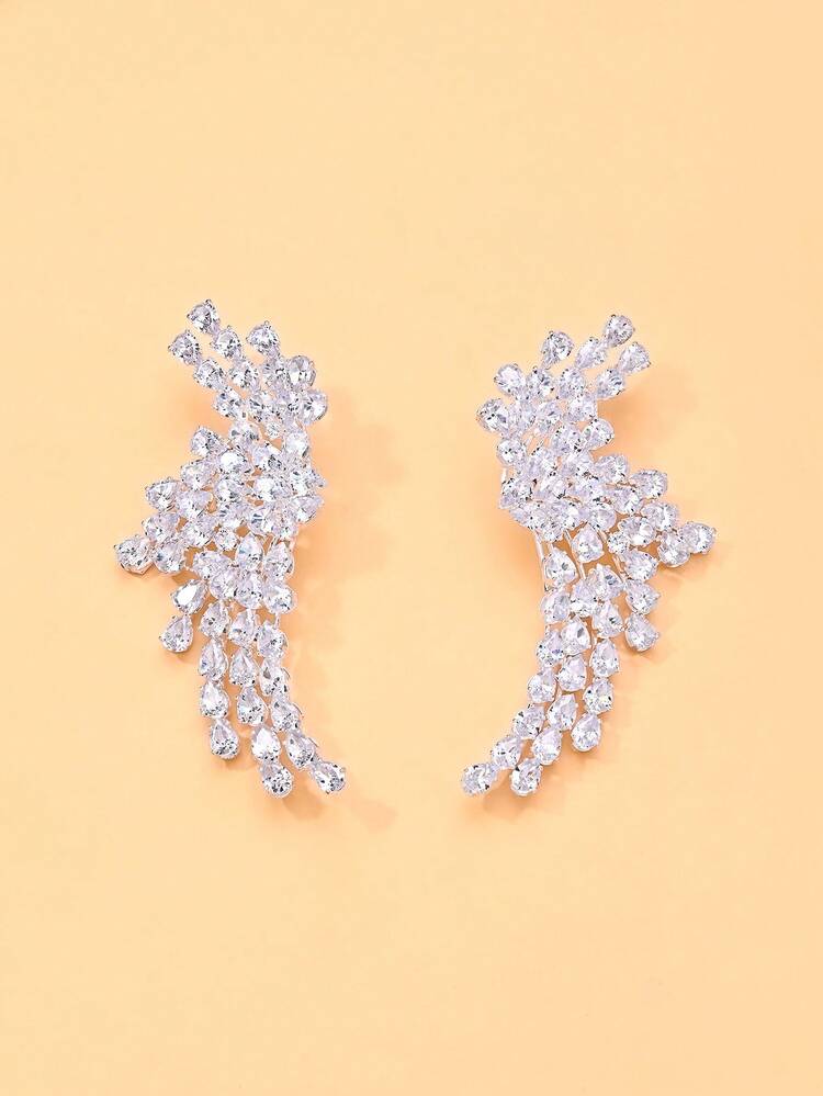 2pcs Sparkling Zirconia Wing Design Earrings, Fashionable Elegant Luxury Earrings - Silver - View 5