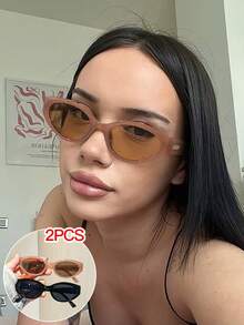 2 piezas Gafas de moda con montura pequeña y con forma de ojo de gato, estilo retro para mujeres, con marco de policarbonato ligero, multicolor y versátil, adecuado para viajes y sesiones de fotos, con estuche - Multicolor - Ver 1