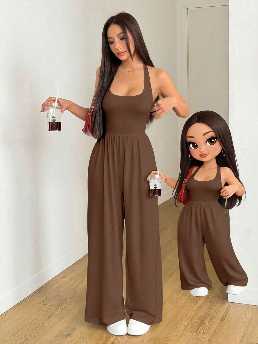 AITYI Studio 女士无袖连体裤,时尚宽松休闲舒适,面料柔软有弹性,适合返校/毕业季穿着,日常穿搭,街头潮流风格,露背设计 - 咖啡棕 - 查看 1