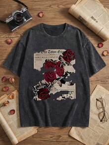Women's Fun Retro Thorny Rose And Newspaper Cartoon Letter Pattern Prints On The Street, Korean-Style Comfortable Retro Fashion Commuting Versatile Y2k Women's Clothing, Regular Niche Punk Style Black Fitted Round-Neck Short-Sleeved Washed T-Shirt, Washed Retro Series Comfortable Pure Cotton T-Shirt, Easily Create Retro Casual Clothing, Suitable For Daily Commuting, Leisure Outings, Daily Wear, Classic Retro Style Women's Clothing - 黑色 - 查看 1