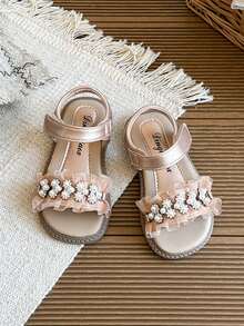 1双女童蕾丝水钻公主凉鞋，魔术贴软防滑幼儿鞋，甜美露趾童鞋，适合春夏穿着 - 香檳色 - 查看 4