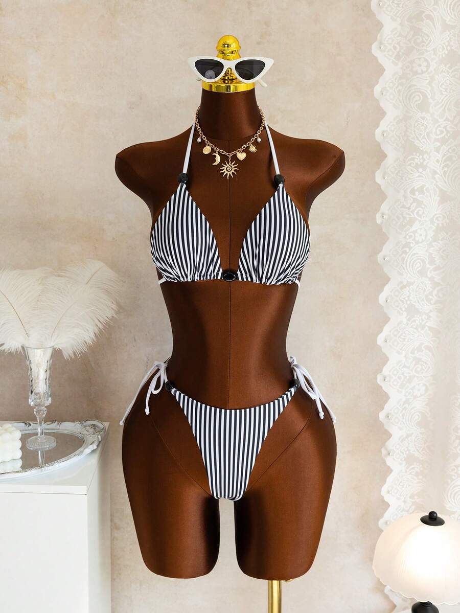 性感时尚的黑白条纹印花挂脖比基尼套装，适合海滩、游泳、度假，休闲、可爱、优雅、性感、波西米亚风格，夏季适用。 - 黑與白 - 查看 1