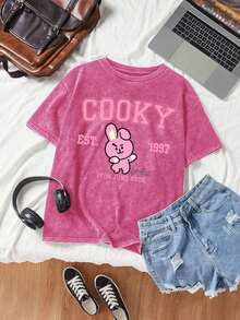 Summersummer ClothesWomen's Fun BT21 Cooky Cartoon Letter Print Street Style, Korean Style, Comfortable, Retro Fashion, Versatile Y2K Women's Clothing, Regular Niche Punk Style Black Fitted Round Neck Short Sleeve Washed T-Shirt, Washed Retro Series Comfortable Pure Cotton T-Shirt, Easily Create Retro Casual Wear, Suitable For Daily Commuting, Casual Ings, And Everyday Wear, Classic Retro Style Women's Clothing. Loose And Comfortablesummer Outfits For Womensummer Outfits For Women - Màu Hồng Tươi - Xem 1