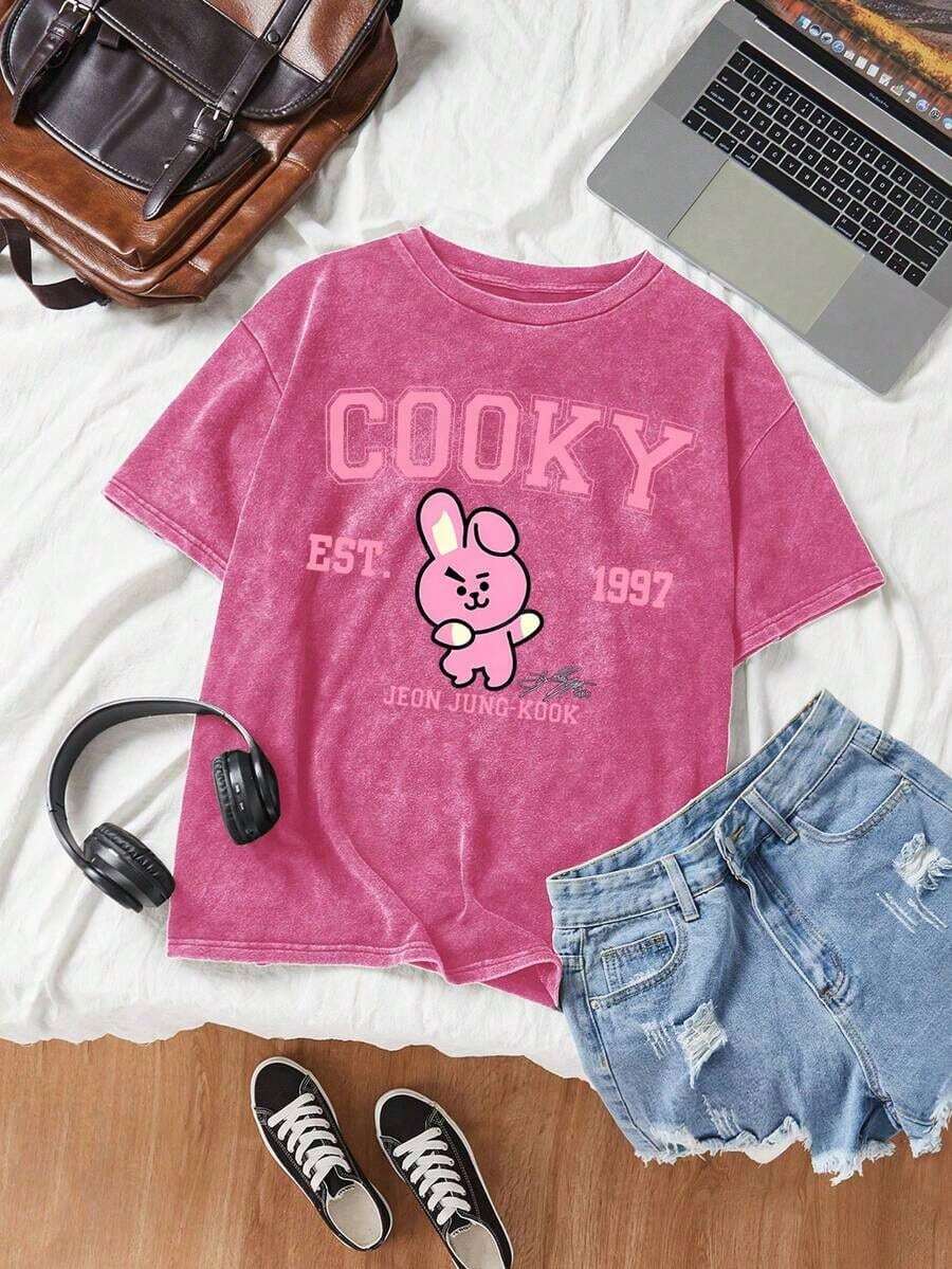 Summersummer ClothesWomen's Fun BT21 Cooky Cartoon Letter Print Street Style, Korean Style, Comfortable, Retro Fashion, Versatile Y2K Women's Clothing, Regular Niche Punk Style Black Fitted Round Neck Short Sleeve Washed T-Shirt, Washed Retro Series Comfortable Pure Cotton T-Shirt, Easily Create Retro Casual Wear, Suitable For Daily Commuting, Casual Ings, And Everyday Wear, Classic Retro Style Women's Clothing. Loose And Comfortablesummer Outfits For Womensummer Outfits For Women - Màu Hồng Tươi - Xem 1