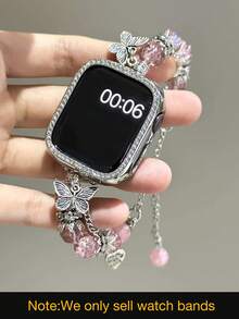 1pc Women's Pink Metallic Delicate Niche Butterfly Pendant Beaded Rhinestone Watch Band, Suitable For 38/40/41/44/45/49/42/46mm S11/SE3/Ultra3/Ultra/SE/SE2/10/9/8/7/6/5/4/3/2/1 - Pink Silver Chain - View 2