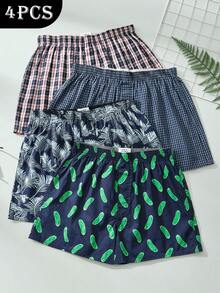 4 piezas Pantalones clásicos de cuadros 100% algodón con aloe vera para hombres, de moda y cómodos - Multicolor - Ver 1