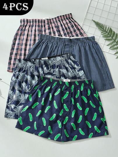 4 piezas Pantalones clásicos de cuadros 100% algodón con aloe vera para hombres, de moda y cómodos