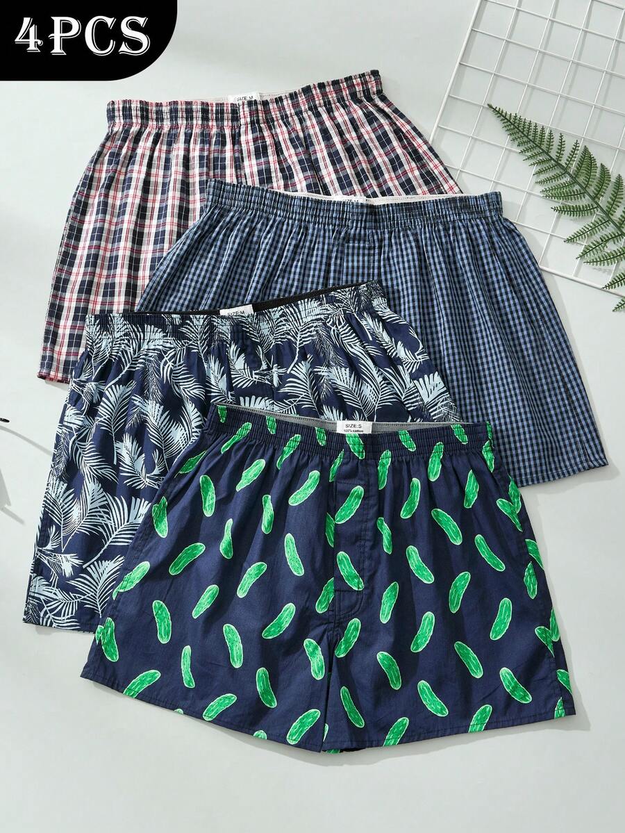 4 piezas Pantalones clásicos de cuadros 100% algodón con aloe vera para hombres, de moda y cómodos - Multicolor - Ver 1