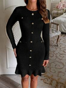Unadoll 女士春季圆领冬季套装，仿口袋设计，纽扣装饰，优雅连衣裙，适合派对、约会、生日、聚会、通勤、晚餐、情人节等场合，黑色 - 黑色 - 查看 6