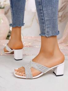 Glitter Decor Thick Sole High Heel Sandals - Girls' Chunky Heel Party Sandals - White - View 7
