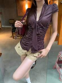 女士法式波点短袖露脐上衣，夏季 - 咖啡棕 - 查看 2