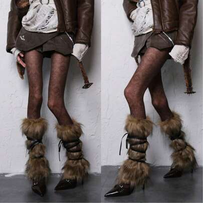 1 Pair Women's Gray & Brown Fuzzy Leg Warmers, Vintage Layered Lace-Up Y2K Apocalyptic Style, Suitable For Winter