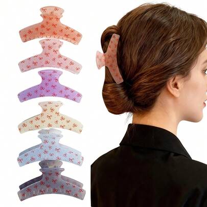6pcs/Set Women's Translucent Jelly Color Bow Print Half-Round Hair Clips Set, Minimalist Fashion Elegant Casual Cute Ditsy Floral Line Hair Accessories Suitable For Holidays, Gifts, Weddings, Beach Trips Summer Beach Claw Clips Vacay Hair Claws