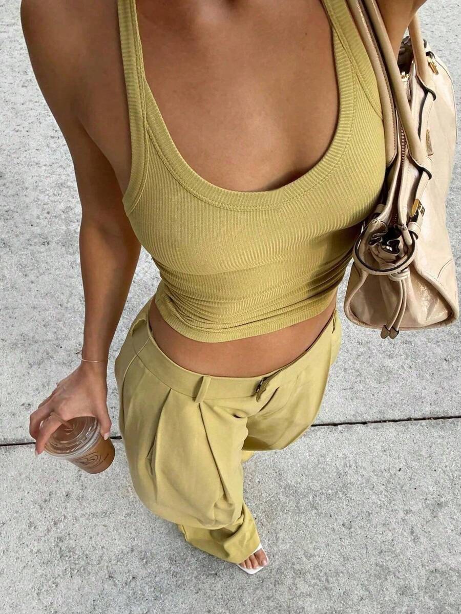 Spring And Summer Casual Basic Style Simple U-Neck Workwear Ribbed Knitted Top Vest + Wide-Leg Pants Straight Women's Two Pieces Suit