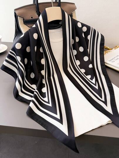 1pc Women's Elegant Vintage Polka Dot Printed Thin Style Satin Triangular Faux Silk Scarf,Boho Vintage Casual Women's Neck Scarf,Shawl,Light And Thin Comfortable Women's Bandana,For Daily Wear And Outing In Spring And Summer