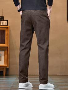 Men's Casual Elastic Waist Solid Color Side Pocket Pants, Suitable For Daily Wear - Coffee Brown - View 4