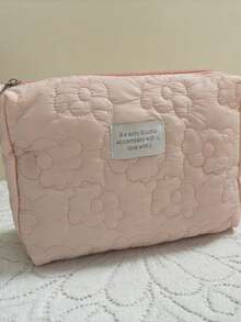1pc Pink Quilted Cloud Cosmetic Bag, Fashionable Casual Large Capacity Portable Zipper Toiletry Bag, Travel Cable & Phone Organizer - Baby Pink - View 5