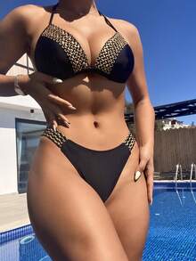 Bộ bikini hai mảnh móc len màu trơn dành cho nữ, kiểu tam giác, cúp ngực - màu đen - Xem 1