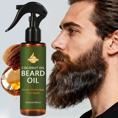 SUMIFANG 120毫升男士椰子油胡须喷雾。椰子油富含脂肪酸，能够深入渗透胡须纤维，改善干燥、脆弱和毛躁的状况。它还能滋养胡须下的干燥肌肤。喷雾瓶设计方便均匀喷洒，适合日常护理以及剃须前后的造型。