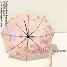 1 pieza Paraguas plegable inverso con estilo de pintura al óleo artística, impermeable y portátil, adecuado para días soleados y lluviosos, diseño de cierre inverso para mantener la ropa seca, adecuado para el transporte en todas las estaciones - Bolso de cinturón rosa - Ver 11