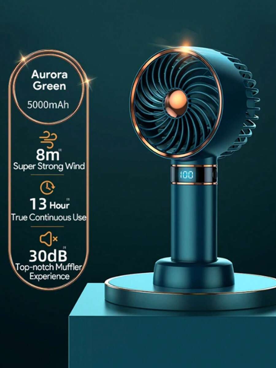 1 pièce Ventilateur portable unisexe, couleur électroplaquée à la mode, avec support, autonomie de 13 heures, ventilateur turbo silencieux, portée de 8 m, 5 vitesses de vent, portable pour l'été, les voyages, la plage, les sports, le bureau, l'école, les fêtes de piscine et l'usage quotidien