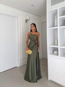 Long Strapless Formal Dress With An Elegant Knot, Perfect For Bridesmaids, Graduation, Or Weddings. - Màu xanh Ô liu - Xem 5