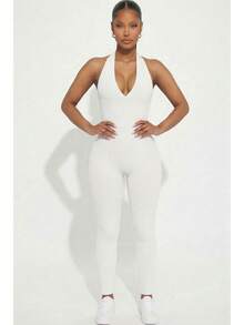 Women's Rib Knit Halter V-Neck Bodycon Jumpsuit - Casual Solid Color, Slim Fit Summer Jumpsuit, Polyester, Machine Washable - White - View 1