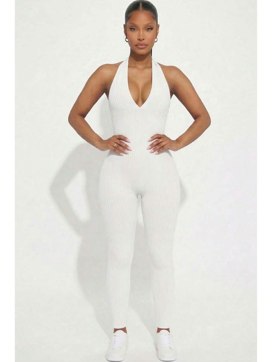 Women's Rib Knit Halter V-Neck Bodycon Jumpsuit - Casual Solid Color, Slim Fit Summer Jumpsuit, Polyester, Machine Washable - White - View 1