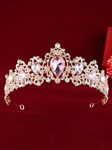 1pc Rose Gold Crystal Crown Bridal Hair Accessory, Birthday/Photo Shoot Headpiece - Pink - View 1