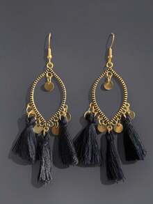 Retro Bohemian Round Tassel Long Earrings, New Vacation Style Textured Metal Earrings For Women - Bohemia - View 11