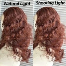 13x4 Inches Red-Brown Synthetic Lace Front Wig, 18 Inches Medium Length Wavy Bangs, 150% Density Natural Hairline, Suitable For Women Fashion, Party, Vacation, Makeup, Daily Wear - Red Highlight - View 6