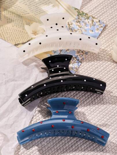 3个/2个/1个女士4.33英寸/11厘米波点装饰发夹，蓝色、黑色、白色可选；直爪形波点轻质塑料发夹，时尚百搭，高端优雅，简约纯色发夹，适合日常休闲、派对、通勤、海滩活动、盘发、马尾辫、洗脸、化妆以及搭配各种服饰和配饰。