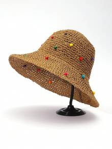 1顶女士波西米亚串珠编织草帽，春夏沙滩户外休闲度假防晒钩针帽 - 多色 - 查看 5
