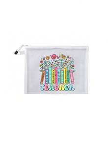 Teacher Theme Mesh Cosmetic Bag, Floral Design With "Teacher" Text, Transparent Mesh Storage Pouch, Teacher Makeup Bag, Toiletry Bag, Teacher's Day Gift, Cosmetic Storage Pouch, Portable Toiletry Organizer - Multicolor - View 13