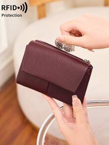 RFID Blocking Soft Leather Wallet With Card Slots And Zipper Pocket, Vintage Tri-Fold Design With Magnetic Snap, Business Casual Women's Daily Wallet, Anti-Theft Wallet, Essential Gift For Women Money Wallet Mini Wallet Purse Wallet Small Wallet Travel Essential Summer Small Wallet - Burgundy - View 3