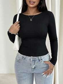 [Backless Lace-Up Design, Contrast Ruffle Cuffs] Fitted Long Sleeve Round Neck Top, Made Of Ribbed Knit Fabric, Solid Black. Perfectly Blends Sweet And Edgy Styles, Suitable For Spring/Autumn Dates, Shopping, Parties, And Everyday Wear. - Black - View 5