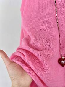 Wixra New Loose V-Neck Knit Sweater, Soft & Breathable Early Spring Top For Women - Hot Pink - View 4