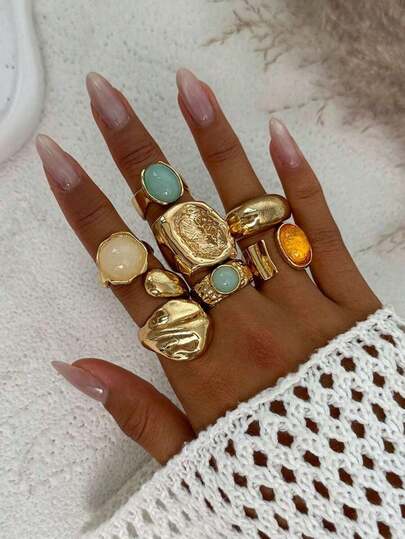 7pcs/Set Lava Liquid Metal Asymmetrical Flow Or Hammered Texture Vintage Bohemian Style Acrylic Rings Set, Suitable For Parties, Gifts, Daily Wear