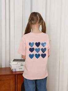 女童休闲趣味印花圆领短袖T恤，夏季上衣 - 粉色 - 查看 2