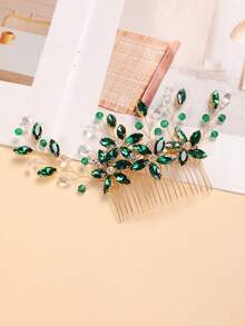 1pc Bestselling Green Crystal & Rhinestone Hair Comb, Golden Rhinestone Bridal Hair Accessory - Green - View 2